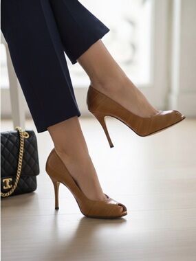 Dolce & Gabbana Eel Skin Peep Toe Pumps Camel Leather Heels 37.5